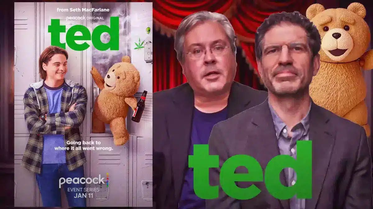 Ted poster and bear with writers and prodcers Brad Walsh and Paul Corrigan.