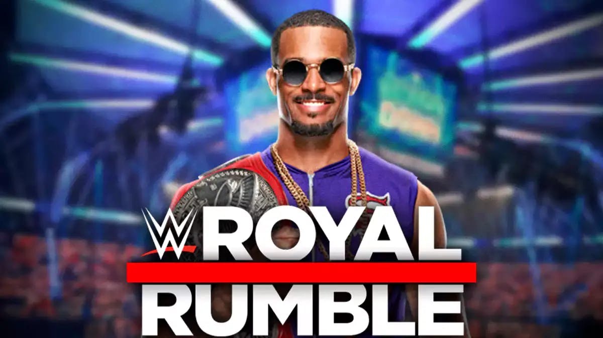 Montez Ford with WWE background and Royal Rumble logo.