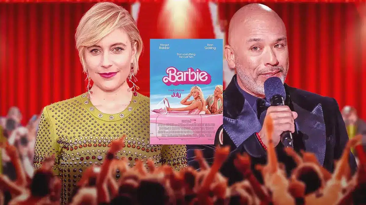 Greta Gerwig and Golden Globes host Jo Koy with barbie poster.