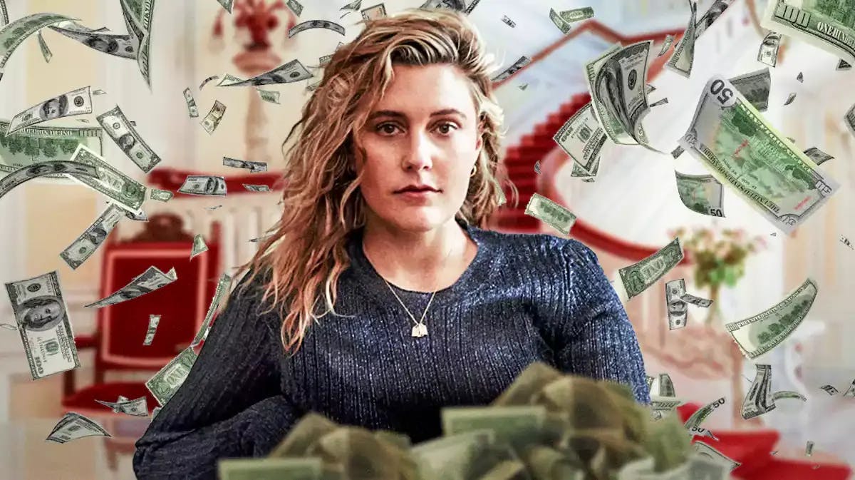 Greta Gerwig surrounded by piles of cash.