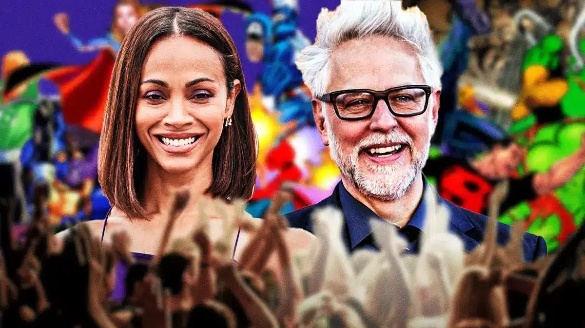 Zoe Saldana next to James Gunn with various DCU heroes in the background