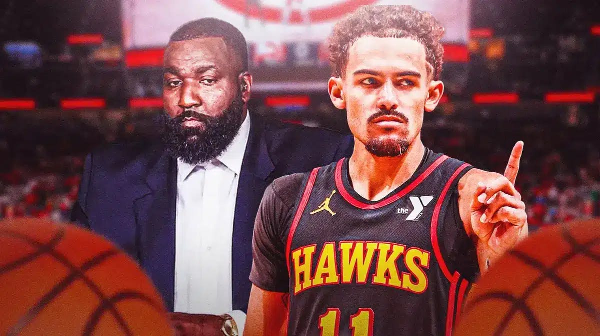 Photo: Kendrick Perkins in a suit next to Trae Young in a Hawks uniform