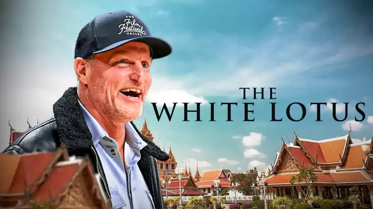 Woody Harrelson and The White Lotus logo with Thailand background.