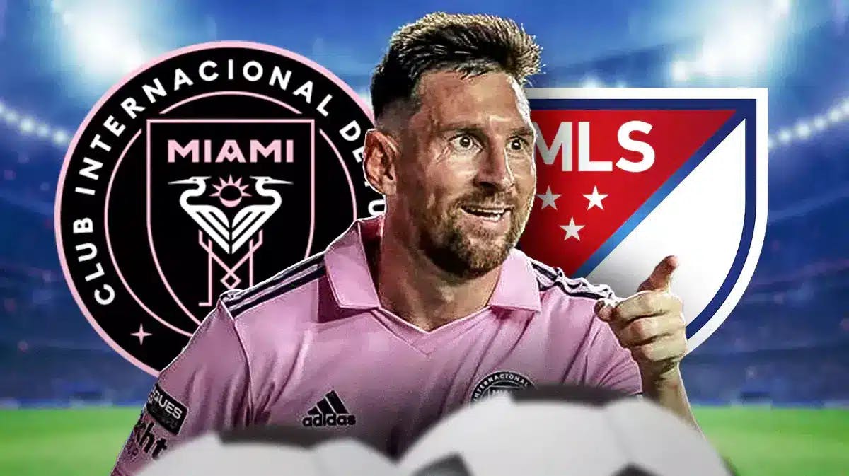 Lionel Messi celebrating in front of the Inter Miami and MLS logos