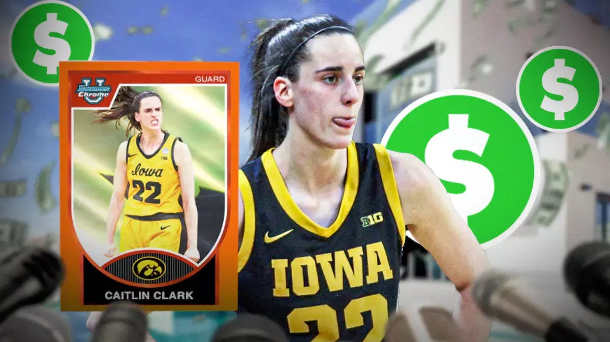 Iowa women’s basketball player Caitlin Clark, as if she is on a Topps sports trading card, with dollar bill signs $$