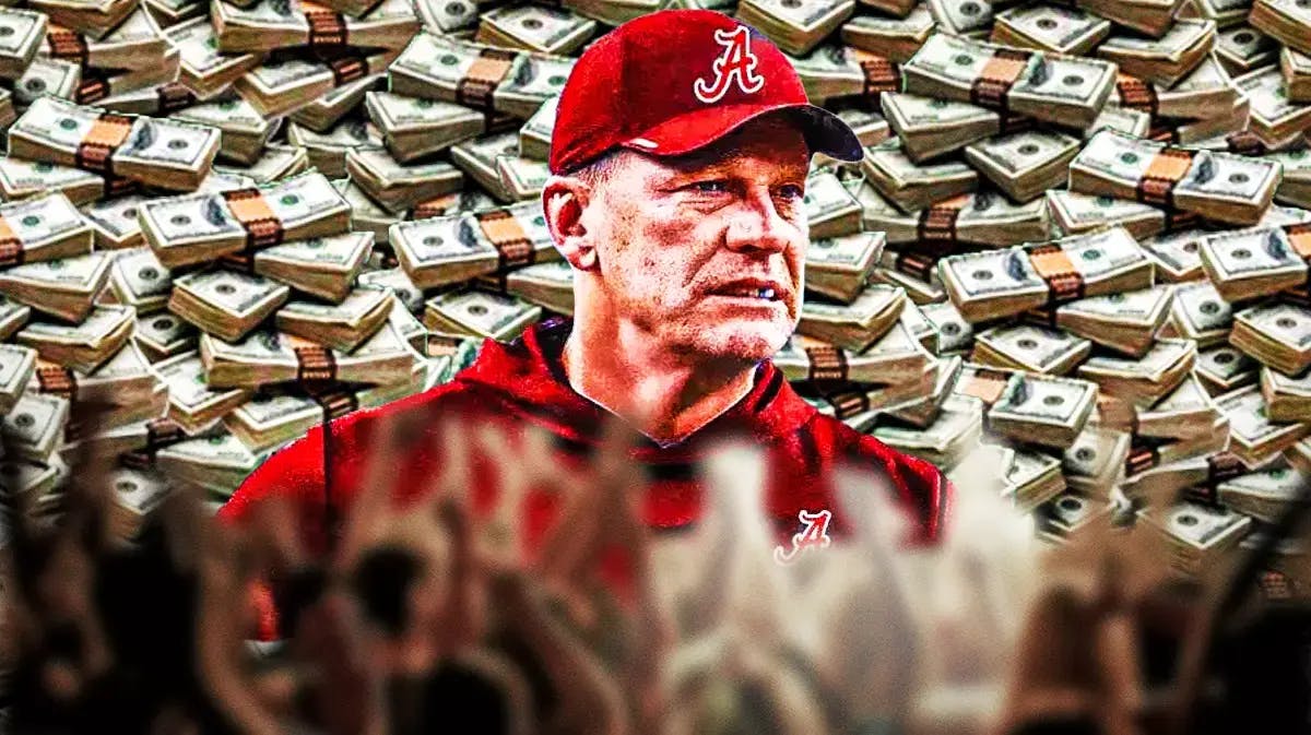Kalen DeBoer surrounded by piles of cash.