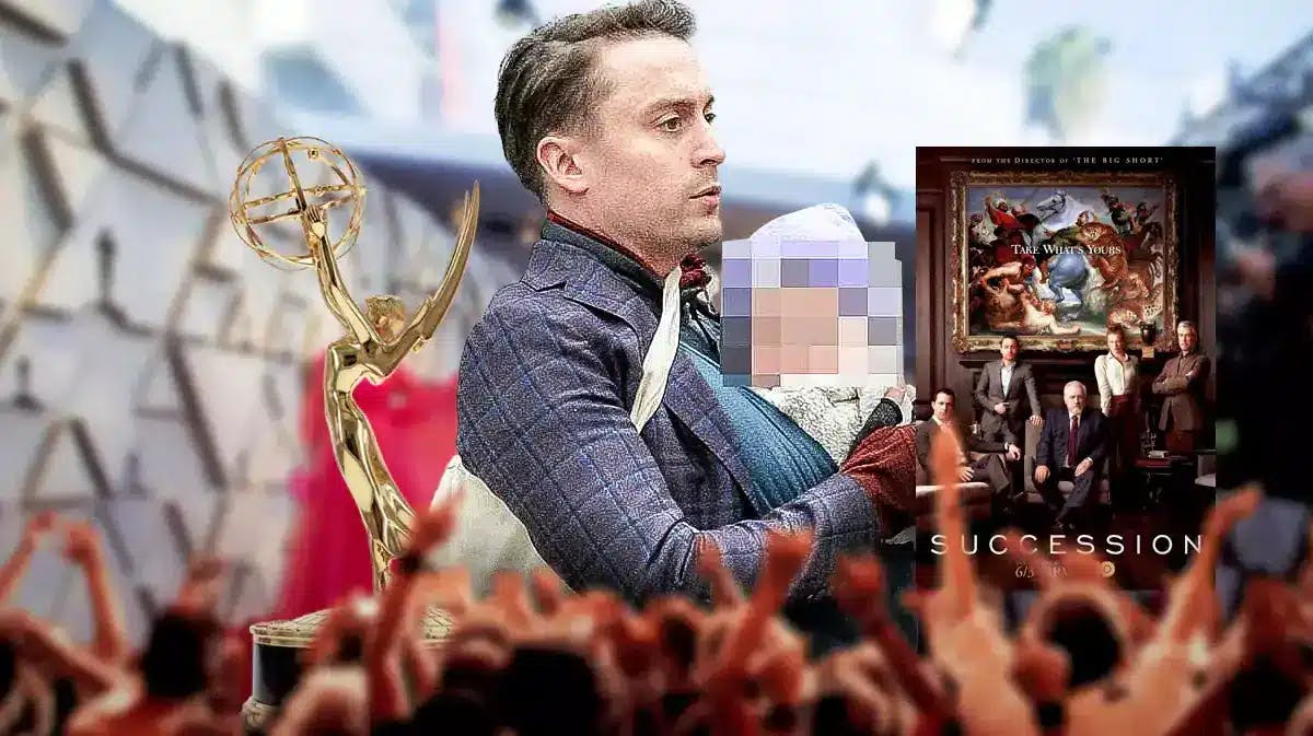 Kieran Culkin with Succession poster kid and Emmys.
