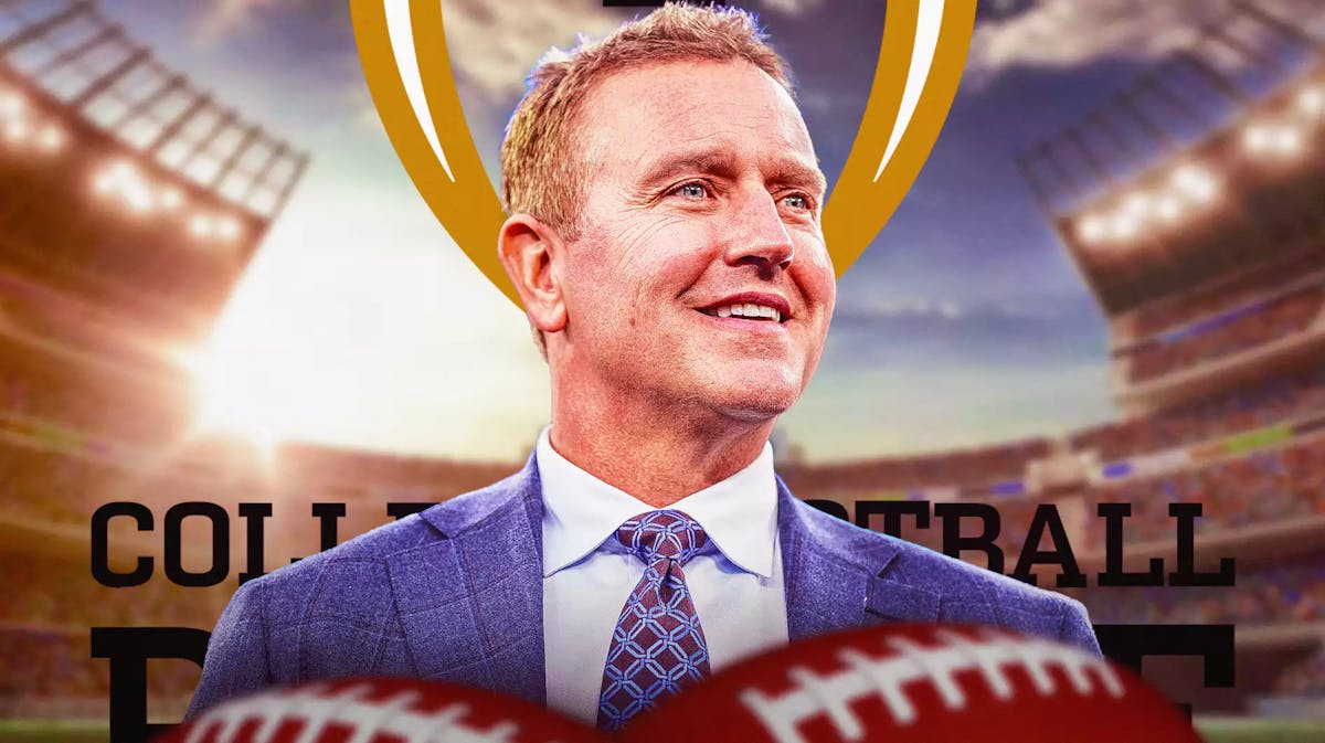 College Football Playoff, 12 team playoff, playoff expansion, bowl games, Kirk Herbstreit, Kirk Herbstreit and College Football Playoff logo with NRG Stadium in the background