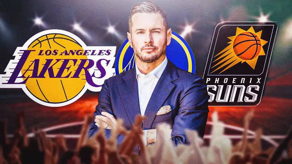 Photo: JJ Redick in a suit with Lakers, Warriors, and Suns logo’s behind him