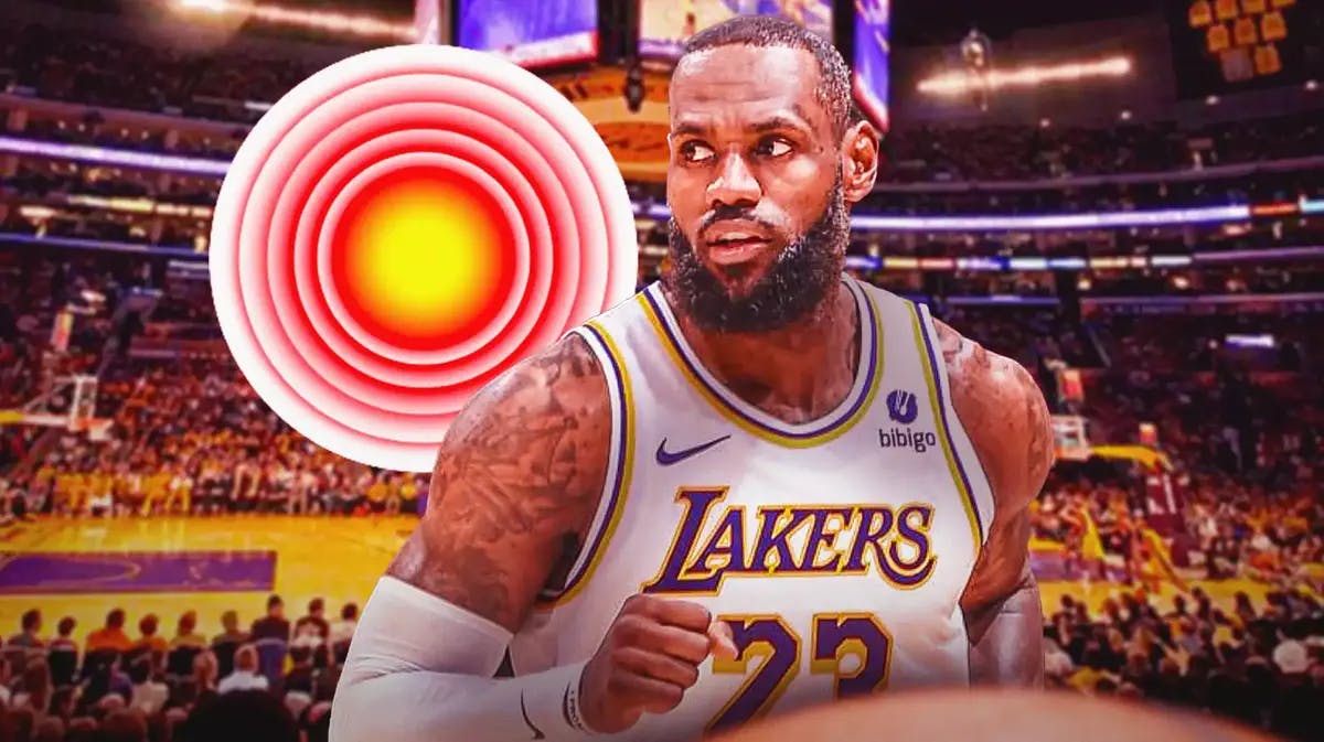 LeBron James (Lakers) with aching red symbol in the background