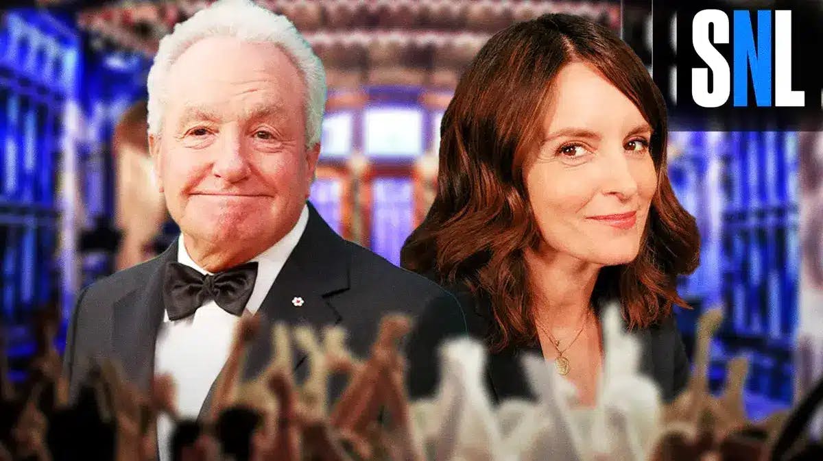 Lorne Michaels and Tina Fey, with SNL imagery in the background