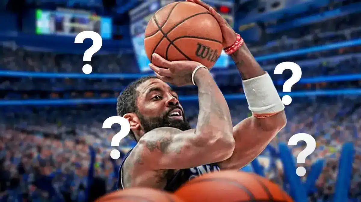 Mavericks' Kyrie Irving shooting a basketball. Place a question mark next to him.