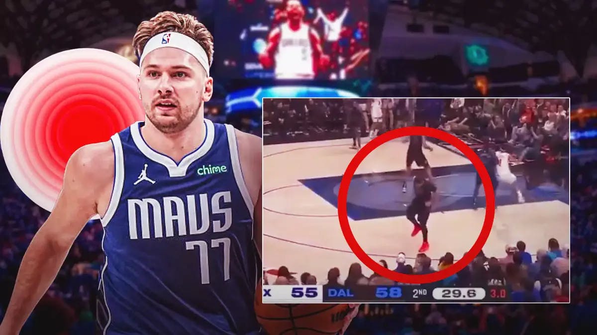 Luka Doncic (Mavericks) with red aching symbol in the background