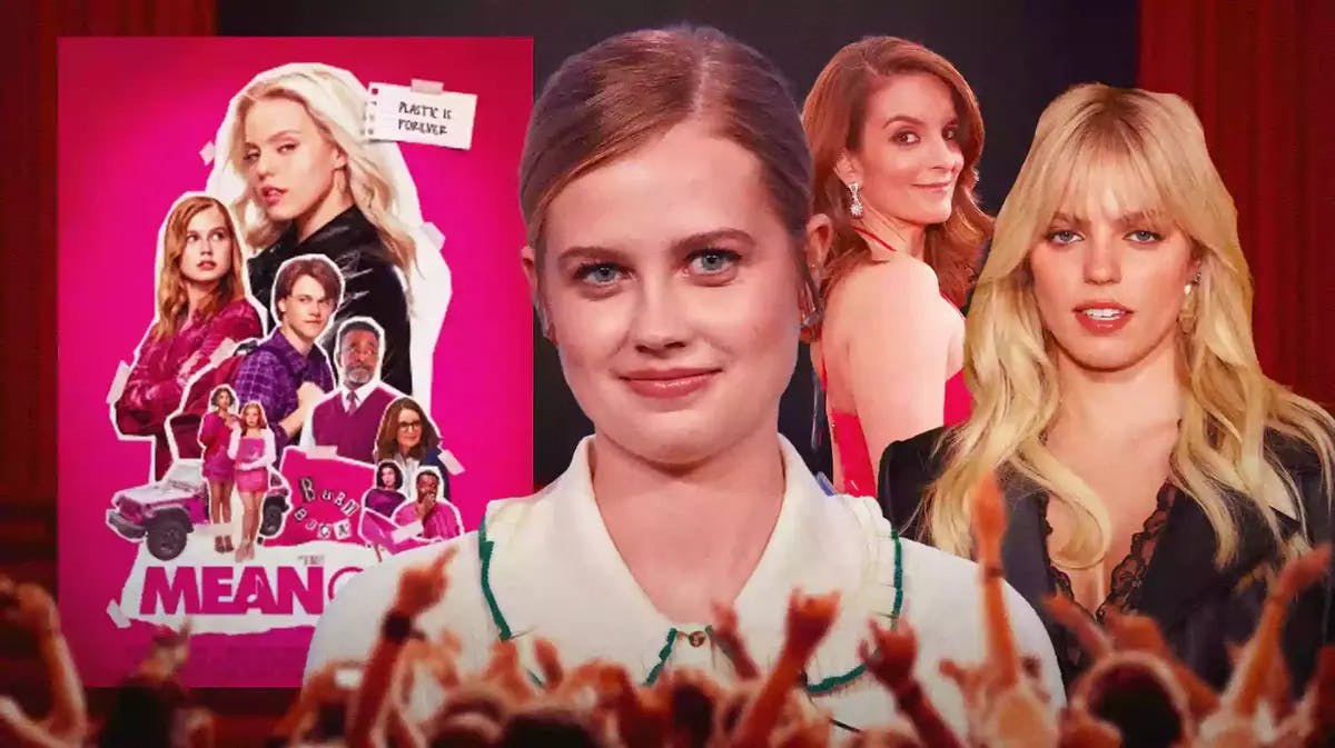 Mean Girls 2024 movie poster next to Tina Fey, Angourie Rice, and Reneé Rapp.