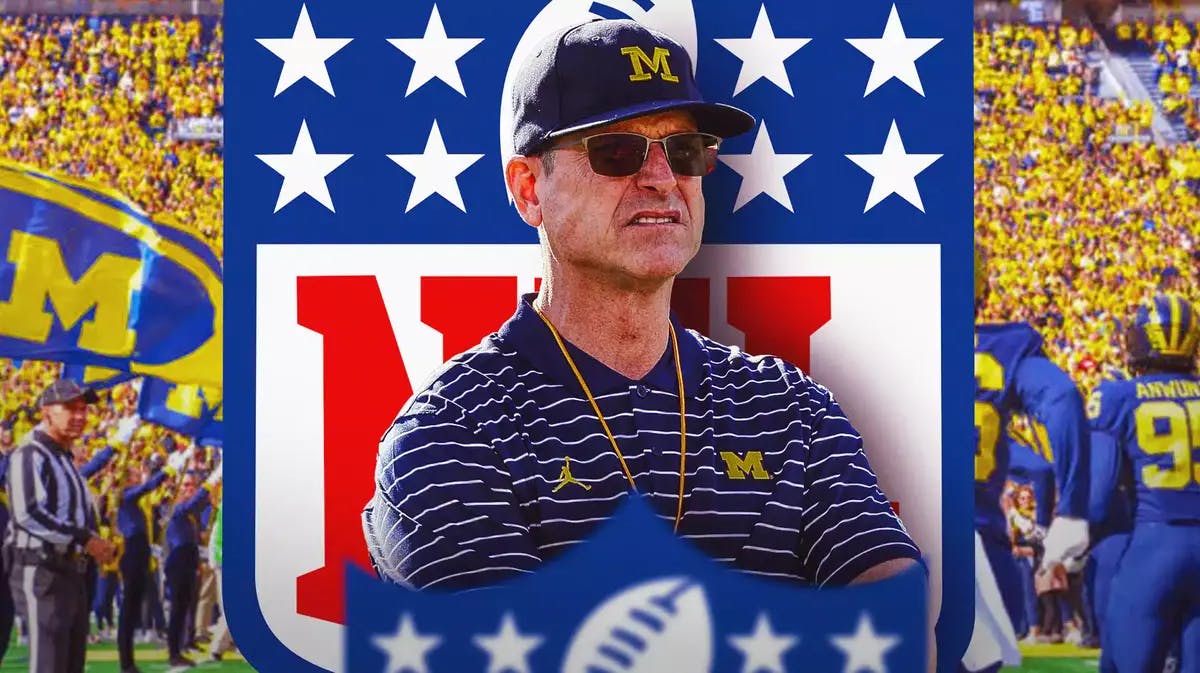 Photo: Jim Harbaugh with Michigan gear as a coach and NFL logo in the background
