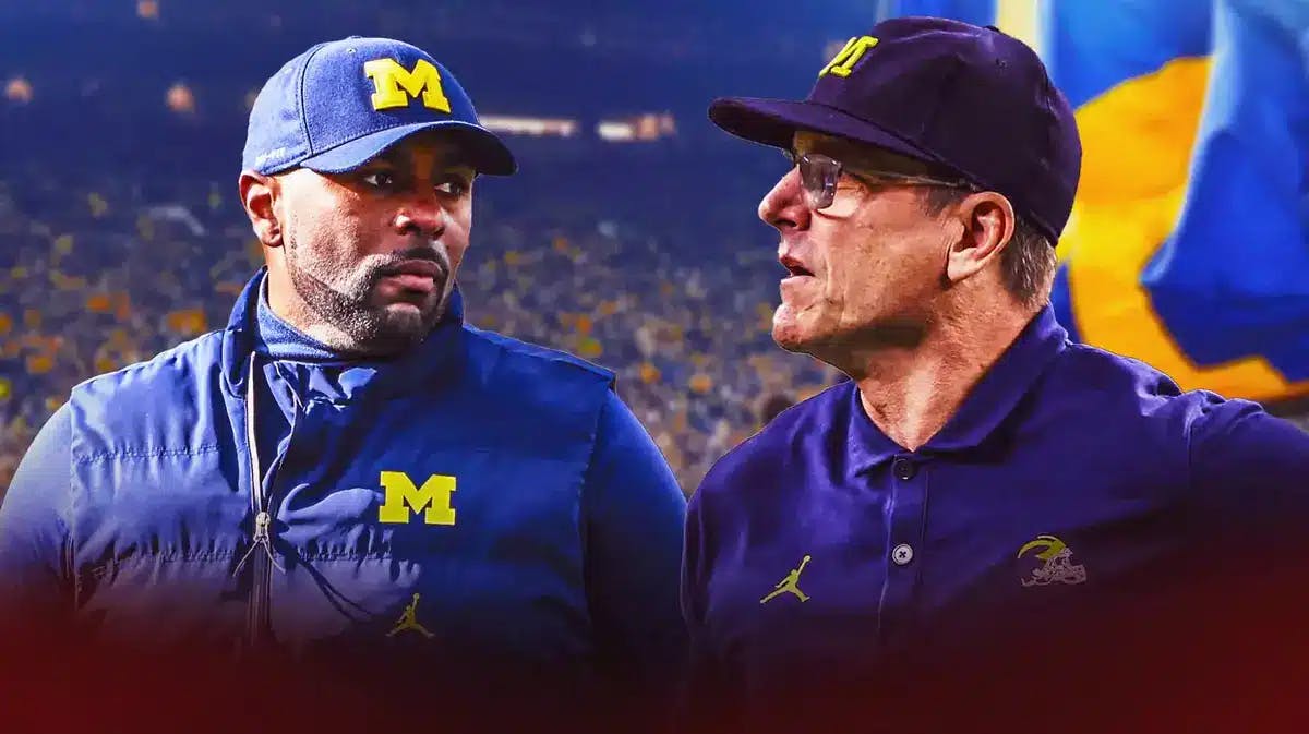 Former Wolverines HC and Chargers HC Jim Harbaugh with Michigan football OC Sherrone Moore