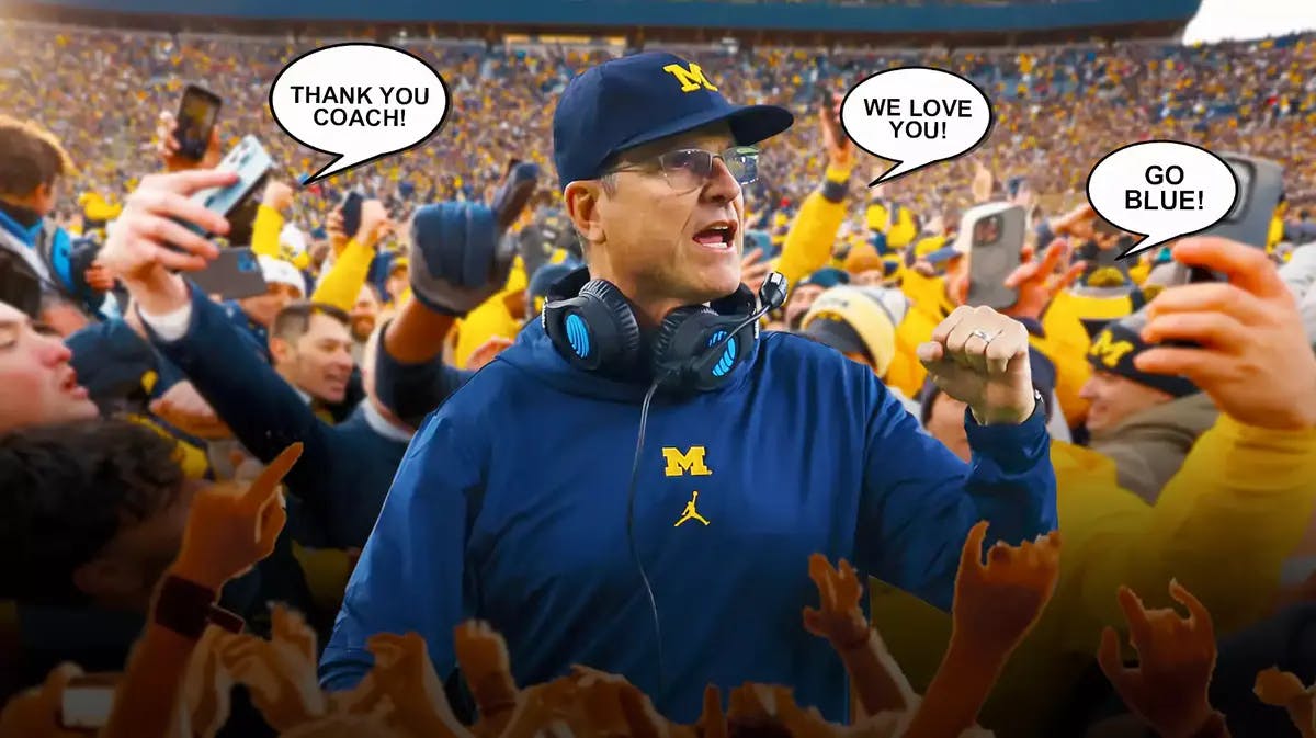 Jim Harbaugh, in Michigan football gear, and Michigan fans in background with speech bubbles “Thank You Coach!” , “We Love You!”, and “Go Blue!”