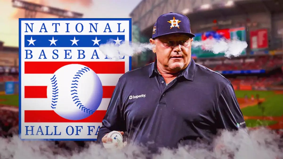 Roger Clemens with smoke coming out of ears. Baseball Hall of Fame logo in background.