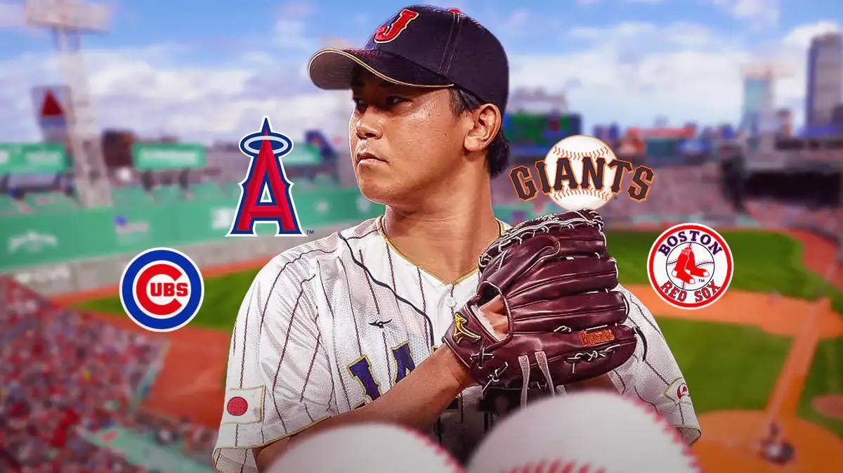 Shota Imanaga with Angels, Giants, Cubs and Red Sox logos