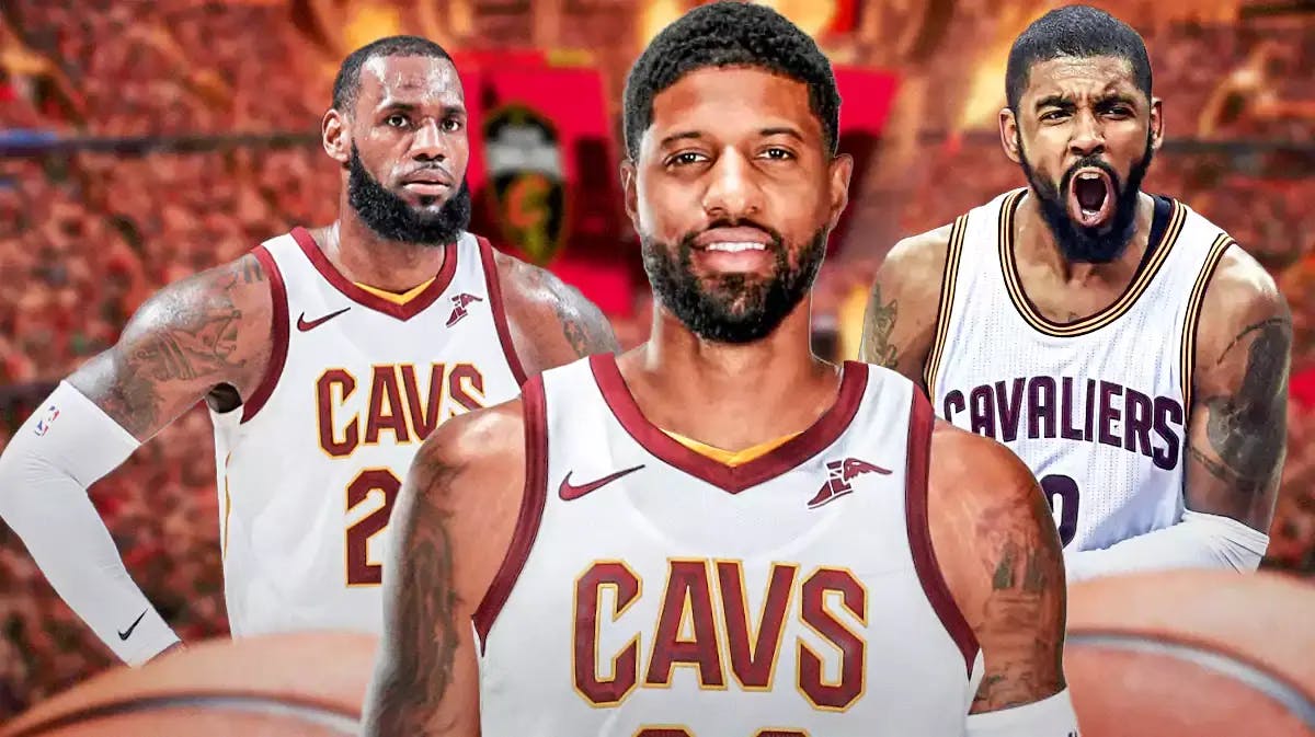 LeBron James, Kyrie Irving, and Paul George all in Cavaliers jerseys