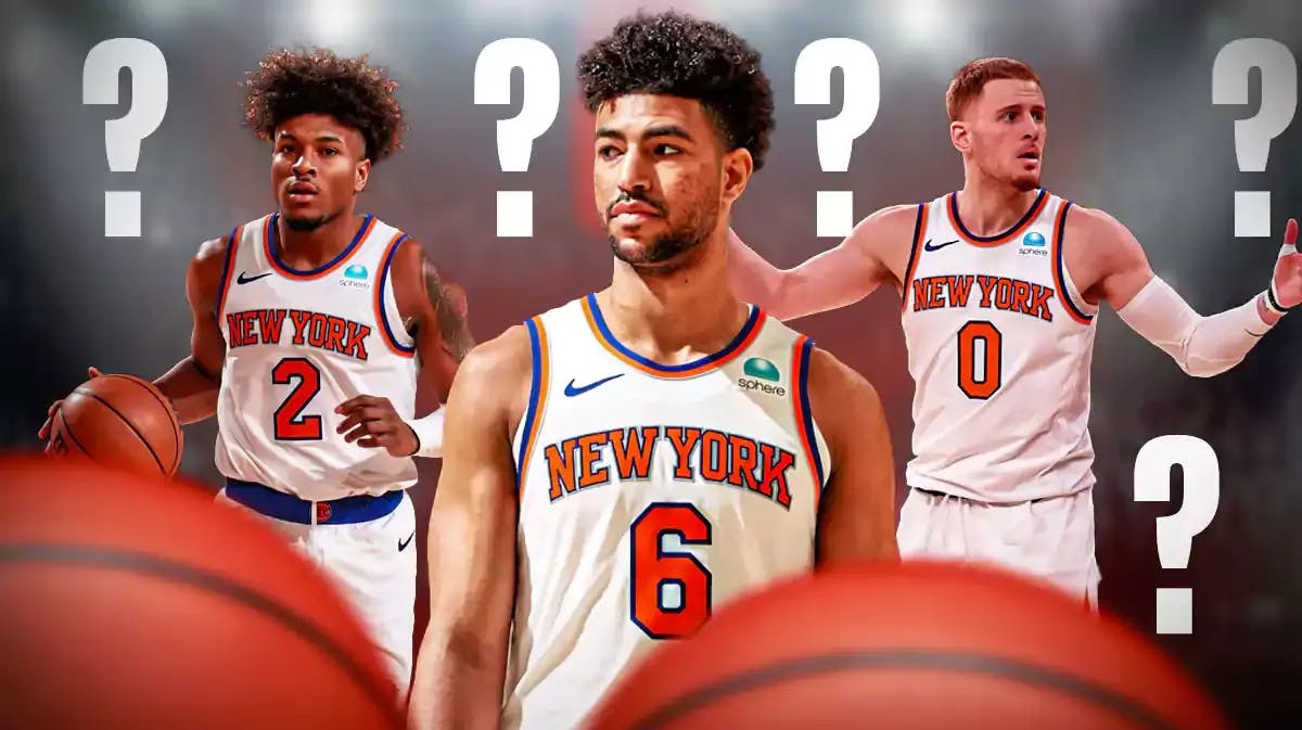 Knicks' Quentin Grimes, Knicks' Miles McBride, Knicks' Dante DiVincenzo in image. Question marks everywhere. Place the Mavericks and Hawks logos in background please.