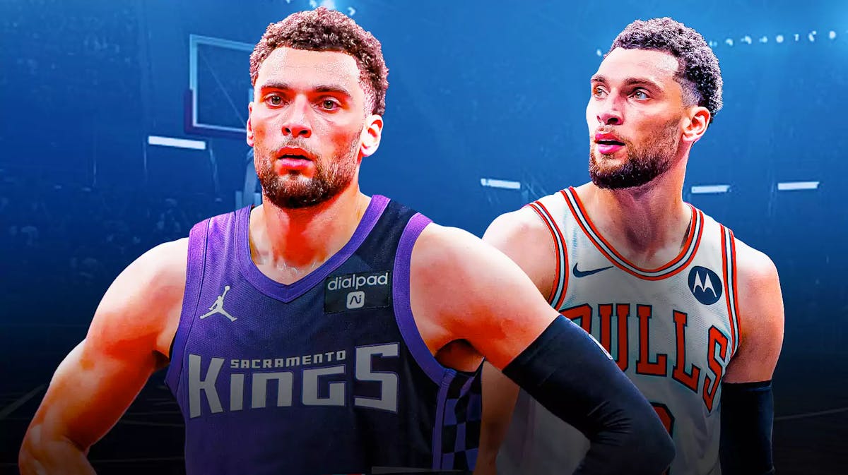 A double image of Zach LaVine, one of him in a Kings jersey and one of him in his Bulls jersey, NBA trade deadline