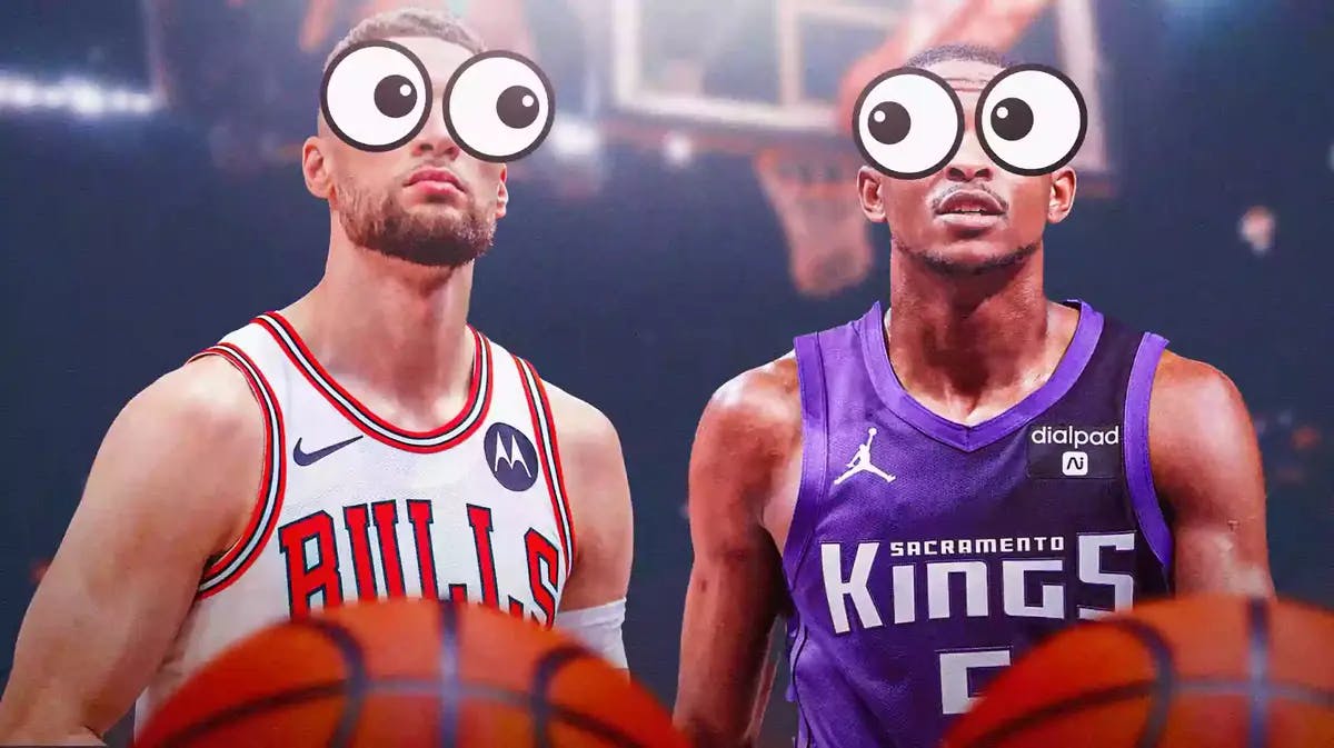 Bulls' Zach LaVine, Kings' De’Aaron Fox eyes popping out looking at each other.