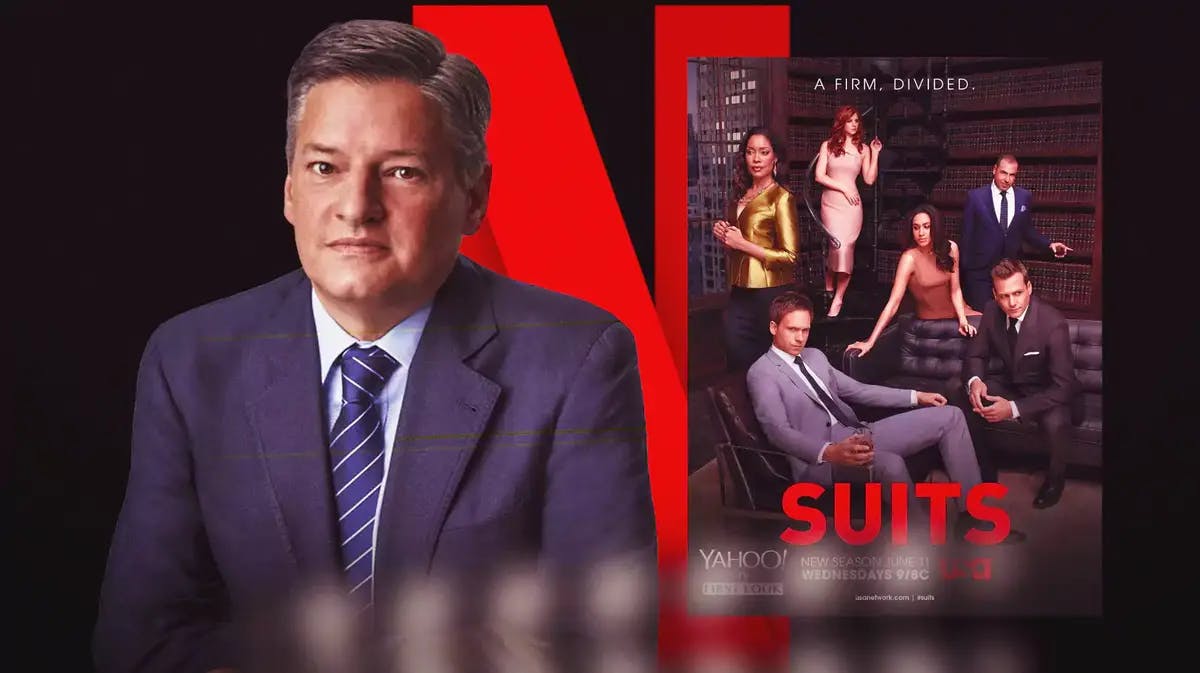 Ted Sarandos, Suits poster, Netflix logo as background