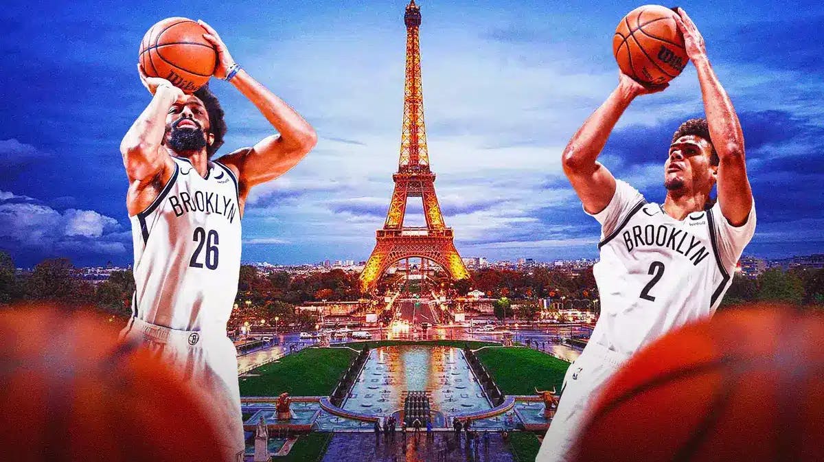 Nets' Cam Johnson, Nets' Spencer Dinwiddie shooting basketballs in front of The Eiffel Tower in Paris.