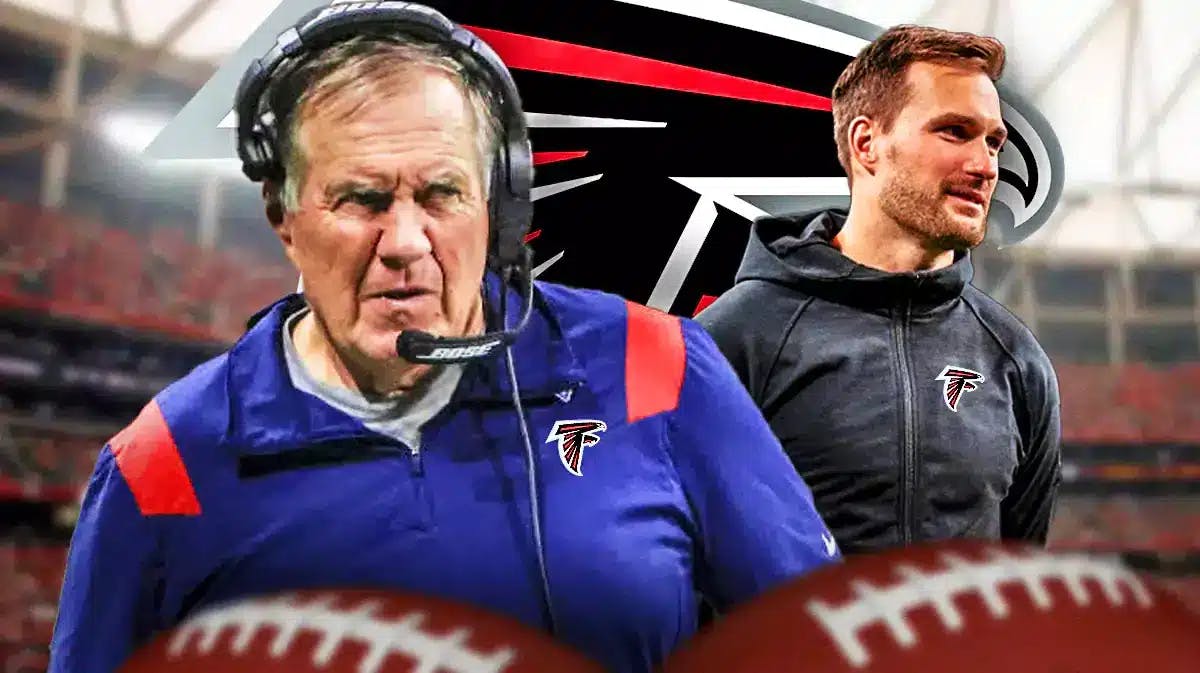Bill Belichick and Kirk Cousins wearing Falcons gear in front of a Falcons logo at Mercedes-Benz Stadium, thanks