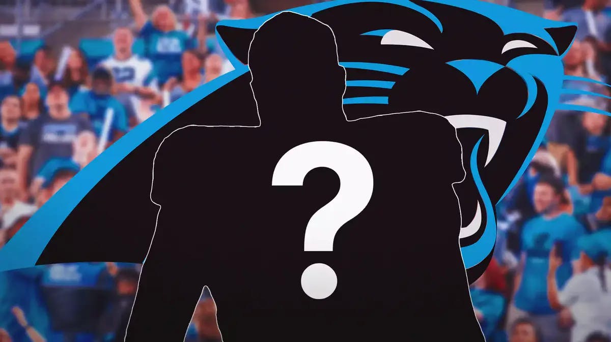 Photo: Carolina Panthers logo with fans in the background and a blank person with a question mark in the middle