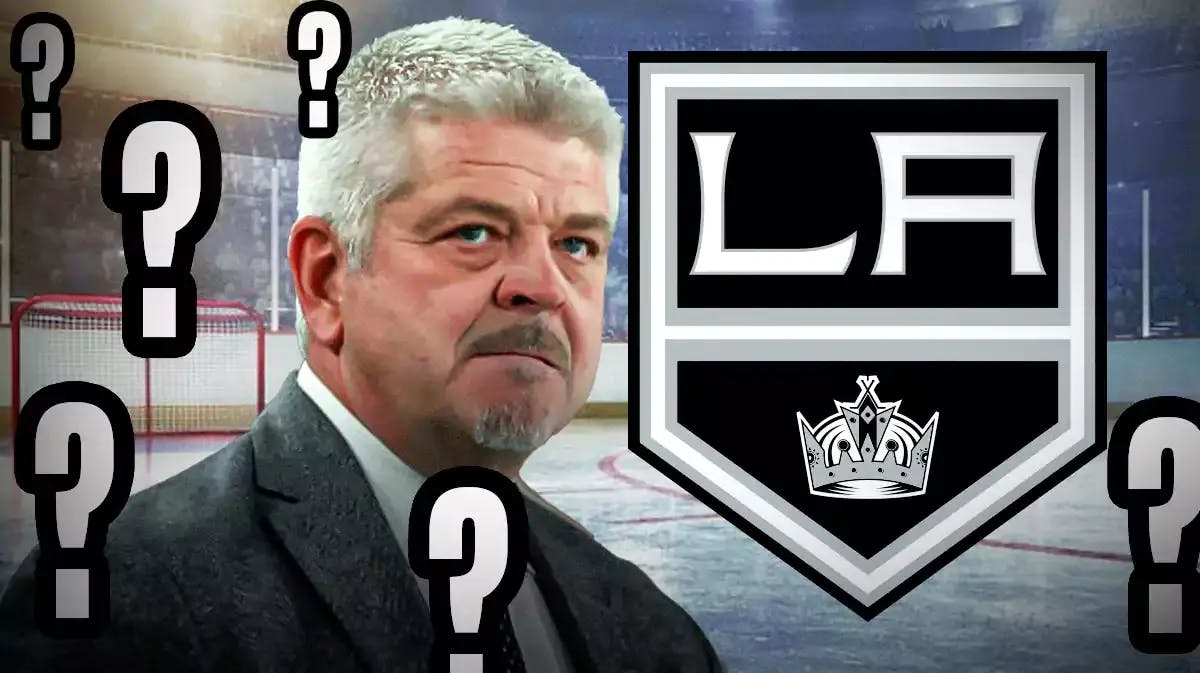 Todd McLellan in middle of image looking stern, LA Kings logo in image, a few question marks, hockey rink in background
