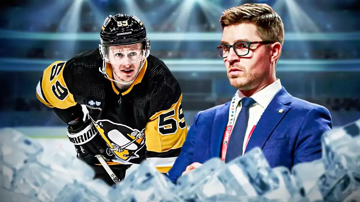 Penguins left wing and NHL trade deadline candidate Jake Guentzel with Kyle Dubas