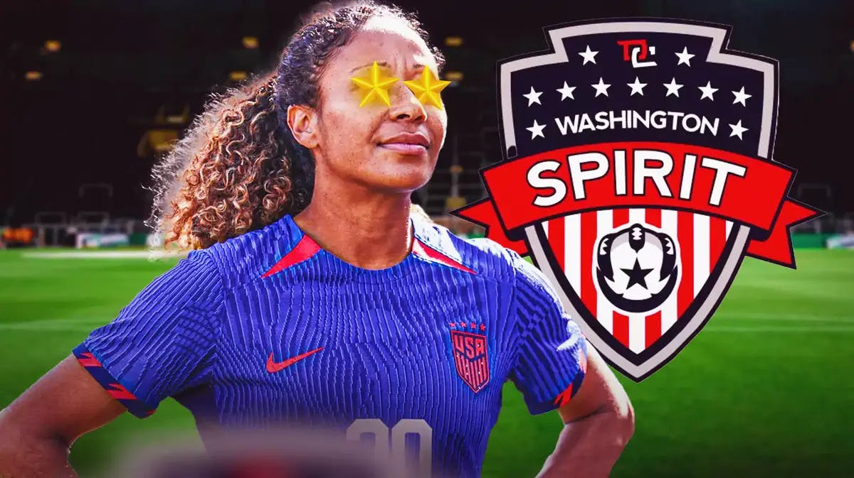 NWSL player Casey Krueger with stars in her eyes, on a soccer field, with the Washington Spirit logo behind her