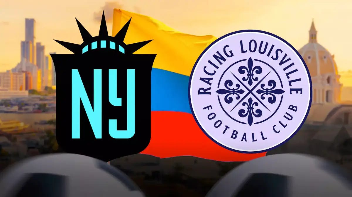 The NJ/NY Gotham FC logo and the Racing Louisville logo, in front of a Colombian flag, with some soccer balls