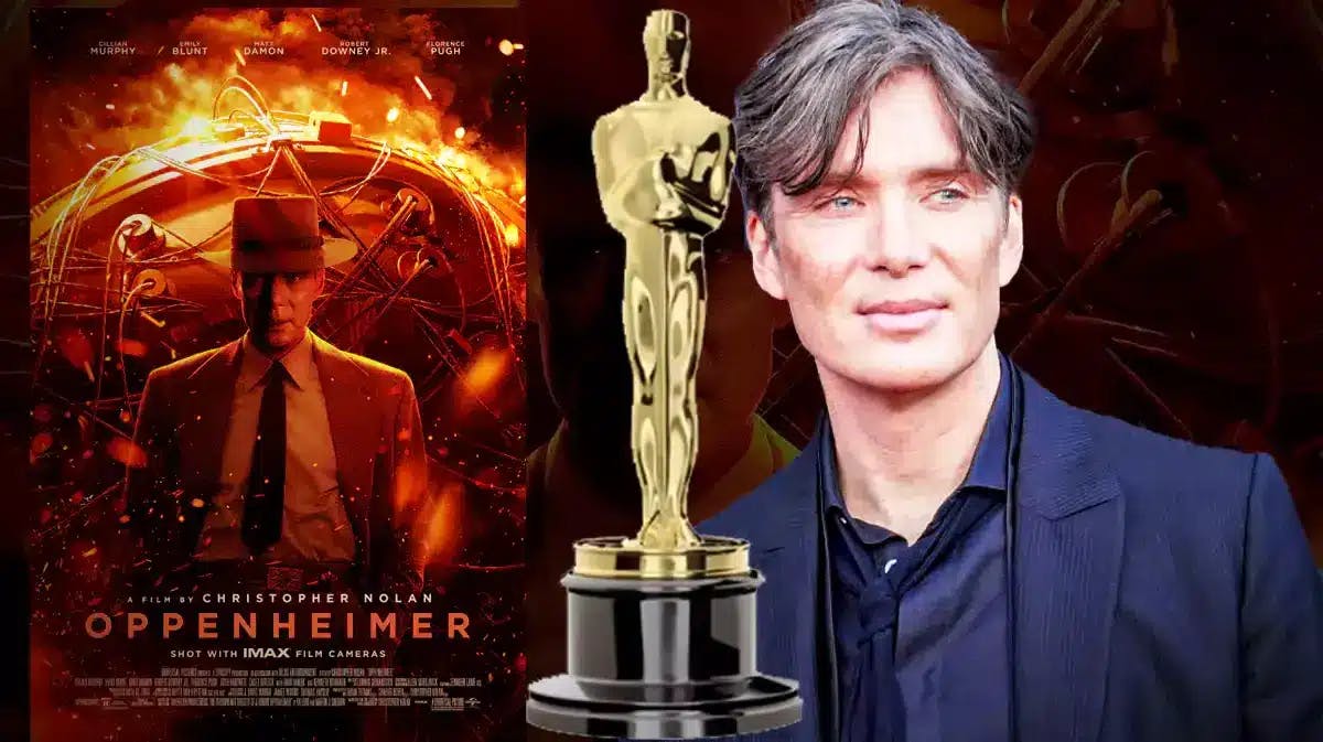 Oppenheimer poster with Oscars trophy and Cillian Murphy.