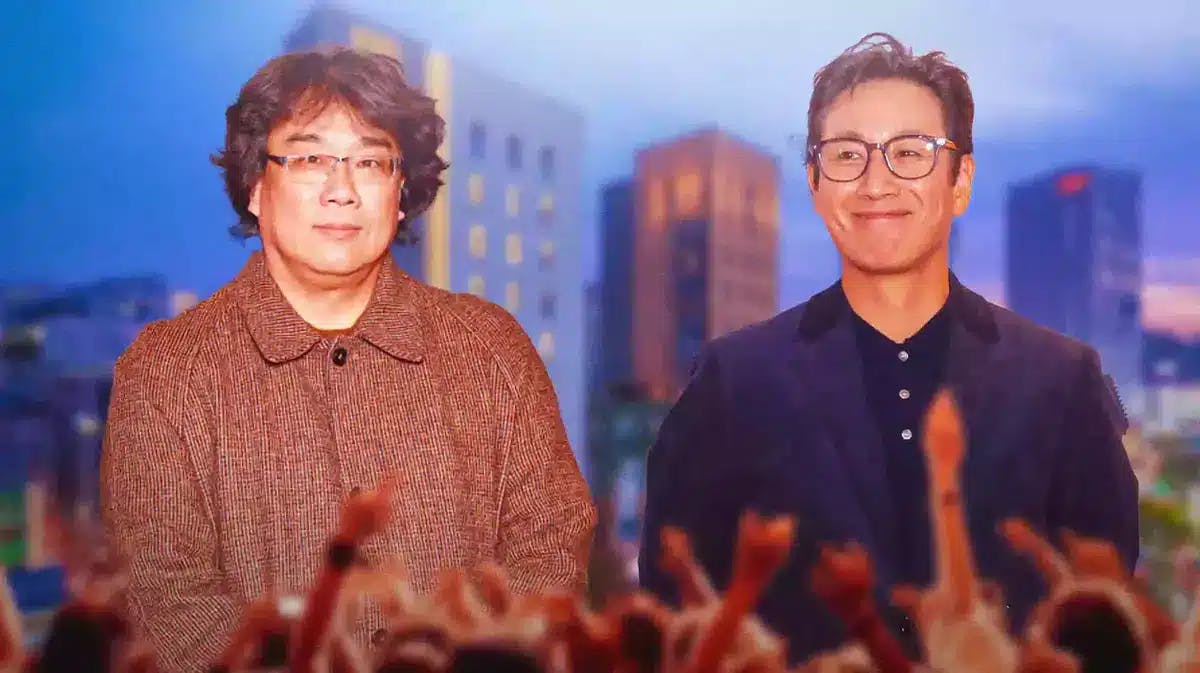 Parasite director Bong Joon-ho and Lee Sun-kyun with Seoul, South Korea background.