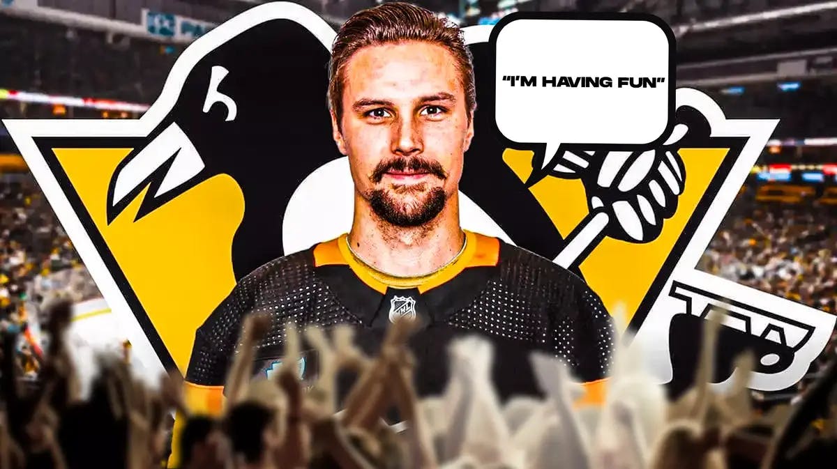 Erik Karlsson in middle of image looking happy with speech bubble: “I’m having fun” , PIT Penguins logo, hockey rink in background