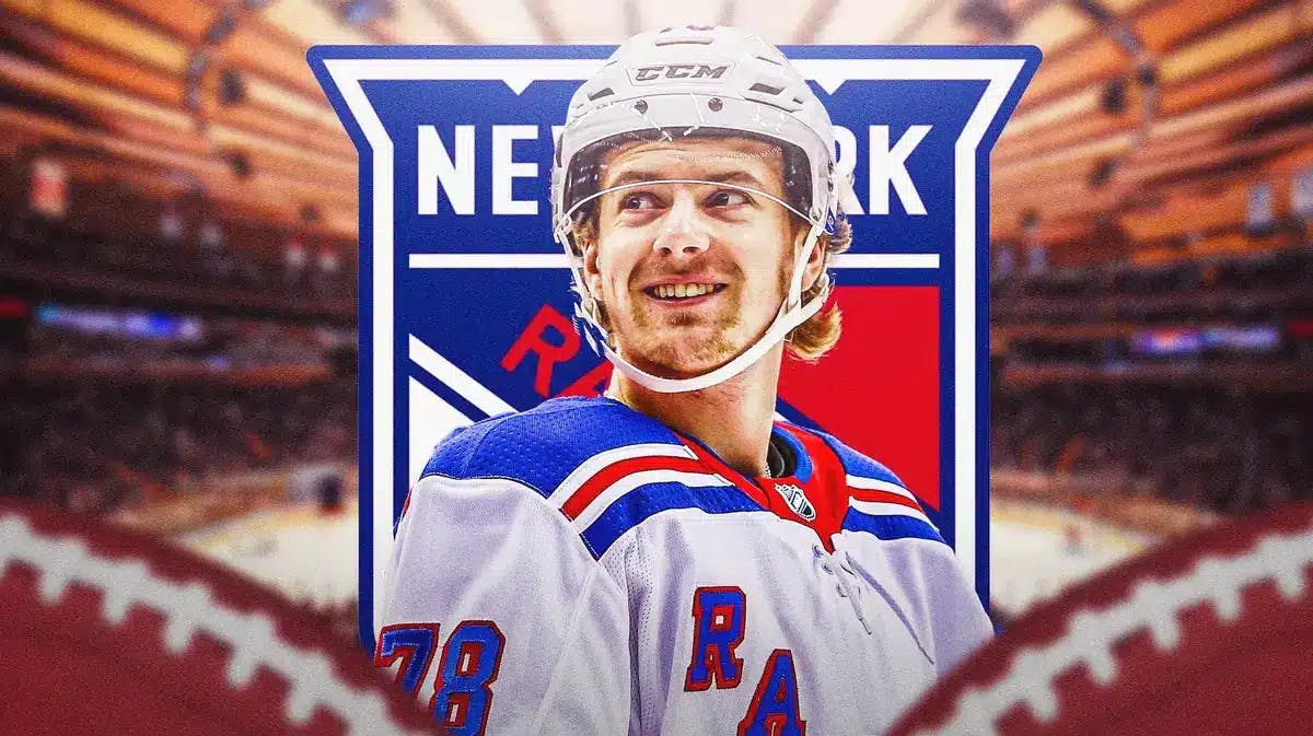 Brennan Othmann in a NY Rangers jersey if possible looking happy, NY Rangers logo in image, MSG hockey rink in background