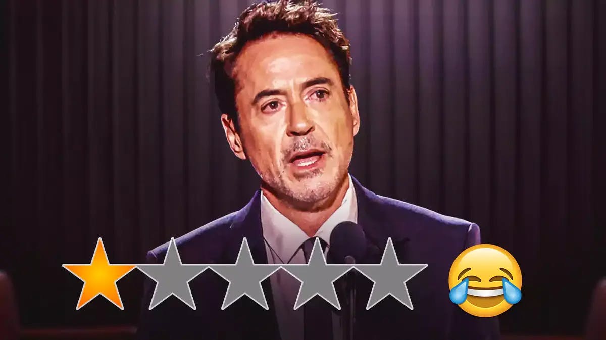Robert Downey Jr. during his Critics Choice Awards acceptance speech, 1 star out of 5 graphic, laugh crying emoji