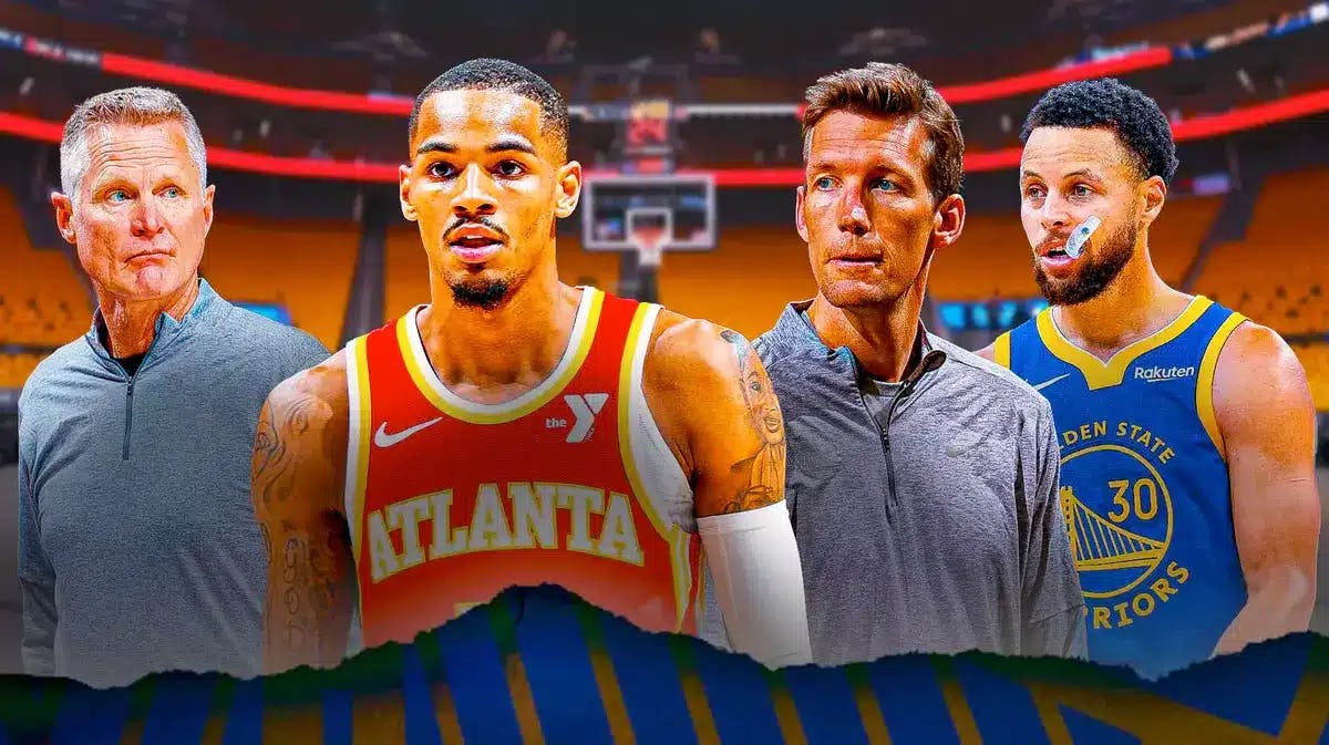Warriors' Steve Kerr, Mike Dunleavy Jr. and Stephen Curry with Hawks' Dejounte Murray
