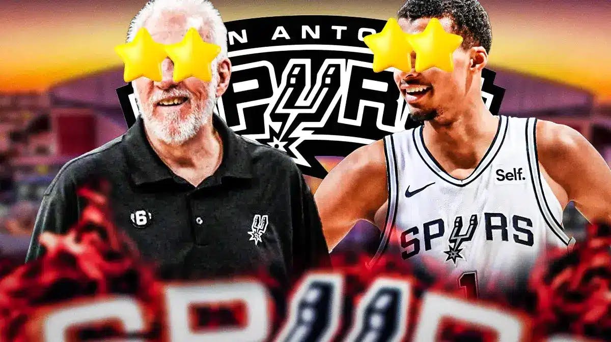 Gregg Popovich and Victor Wembanyama with stars in their eyes next to a Spurs logo.