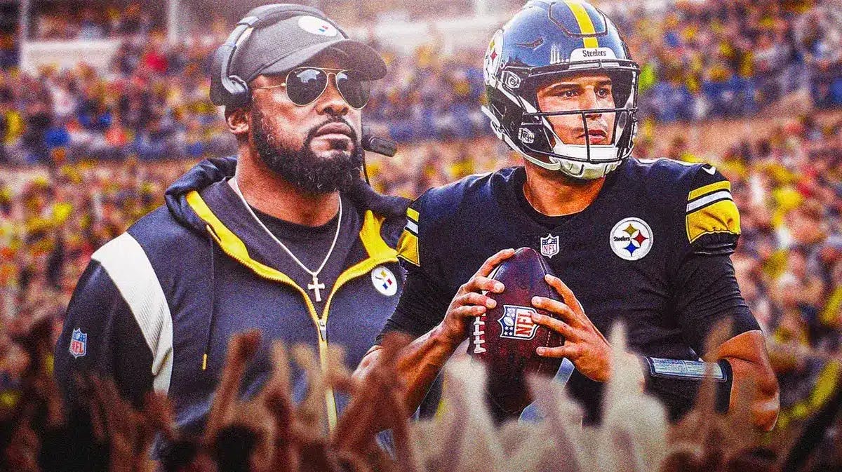 Photo: Mike Tomlin in Steelers gear with Mason Rudolph in Steelers uniform and fans in the background