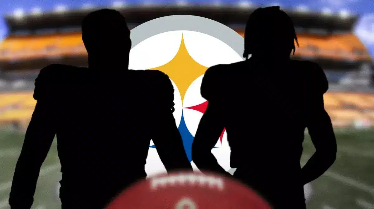 Steelers logo with two silhouette's in front of it