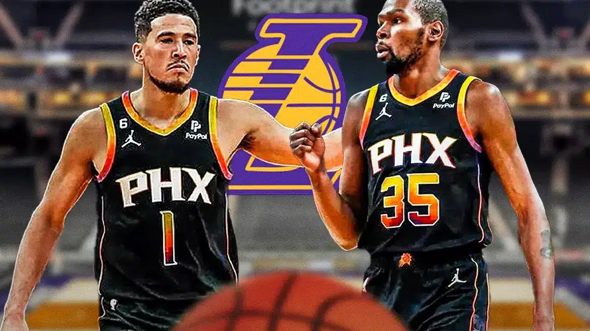 Photo: Devin Booker and Kevin Durant in Suns uniform with Lakers logo in the back