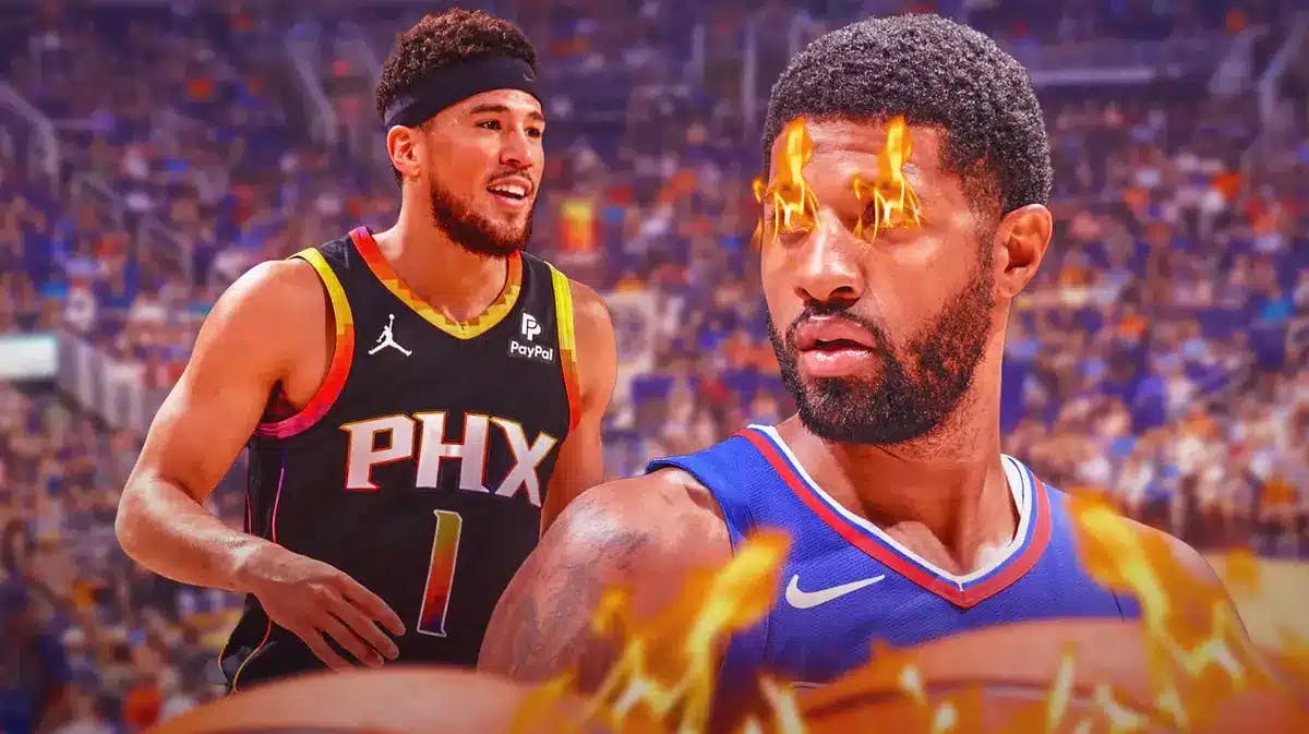 Suns' Devin Booker, Clippers' Paul George with fire in eyes. In front, Suns' Devin Booker laughing.
