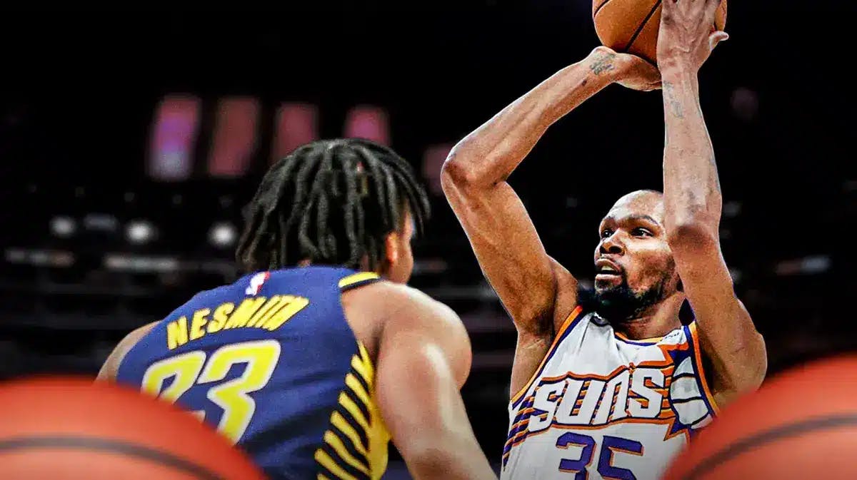 Suns' Kevin Durant shooting a basketball with Pacers' Aaron Nesmith playing defense on him.