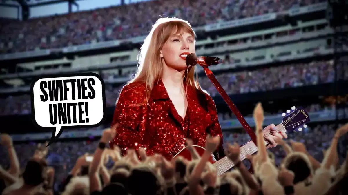Taylor Swift performs as her fans surround her, with a speech bubble "Swifties unite!"