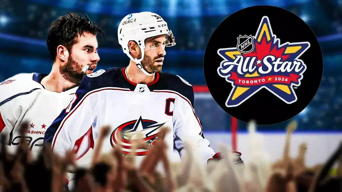 Tom Wilson and Boone Jenner on either side looking stern, 2024 NHL All-Star logo in middle, hockey rink in background