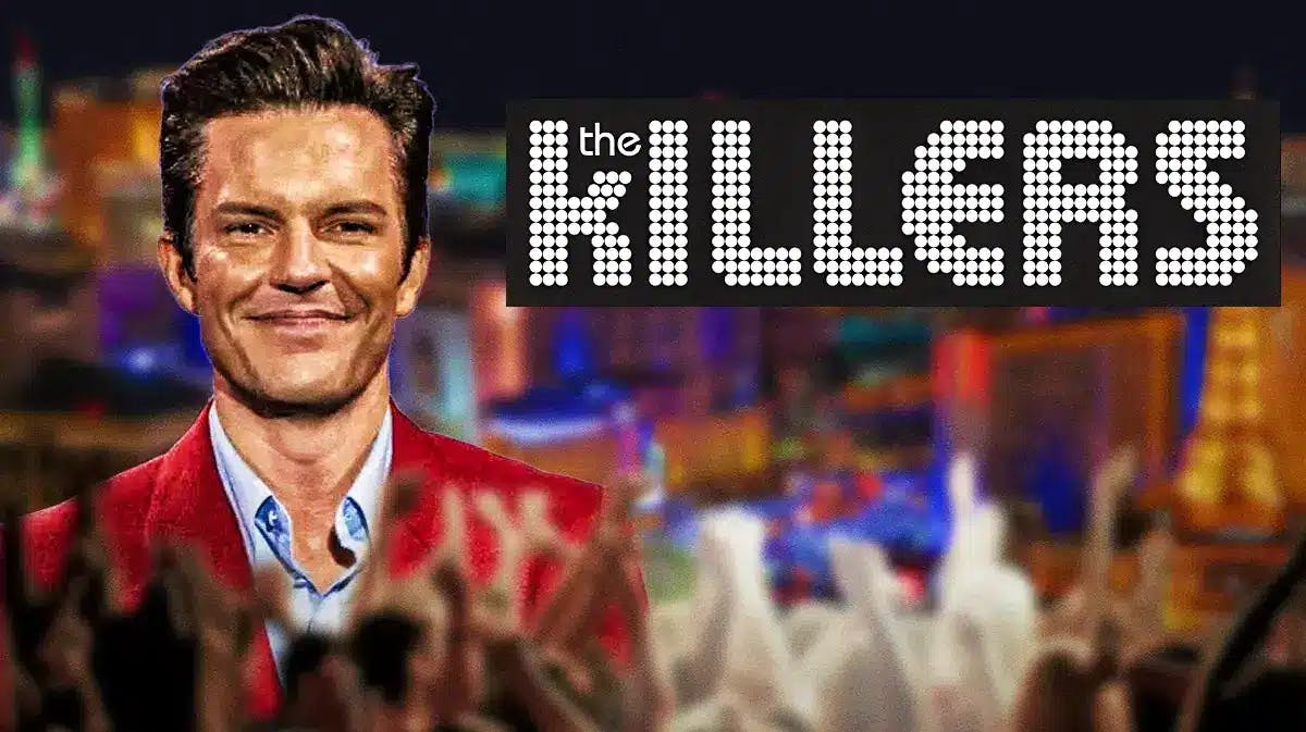 Brandon Flowers with The Killers logo and Las Vegas background.